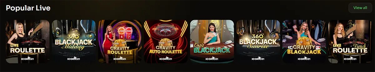 Popular live casino games including roulette, blackjack and auto roulette thumbnails