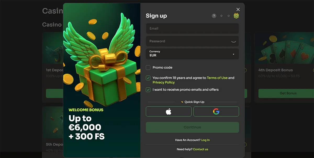 Casino signup popup with welcome bonus up to €6,000 and 300 free spins